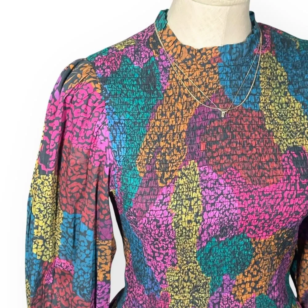 FARM RIO Leopard Rainbow Mix Blouse Smocked Ruffle Boho Cottagecore Glam Indie